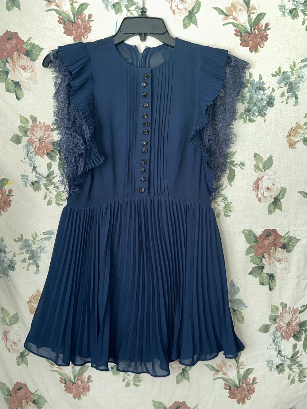 Self-Portrait Navy Pleated Lace-Trim Button Front Dress